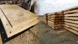 Timber crane mats and composite mats on a construction site